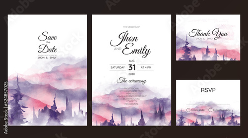 Beautiful mountain landscape watercolor background on wedding invitation