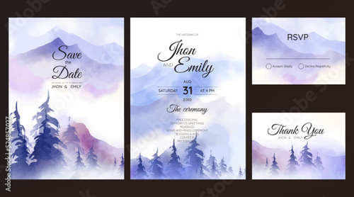 Beautiful mountain landscape watercolor background on wedding invitation