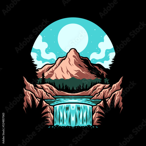 Mountains with river t-shirt graphic design, hand drawn line with digital color, vector illustration