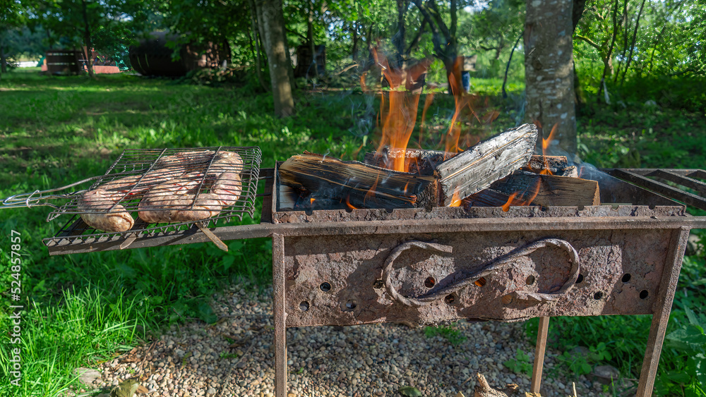 Tasty homemade sausage made of beaver meat cooking on grill. Beaver meat sausages are cooked on coals.