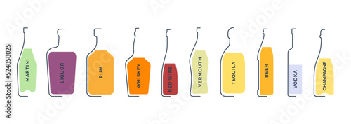 Bottle martini, liquor, rum, whiskey, red wine, vermouth, tequila, beer, vodka champagne in linear flat style on white background. Black thin outline in the form of a contour shadow and color fill