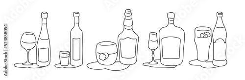 Wine vodka whiskey liquor beer bottle and glass outline icon on white background. Black white cartoon sketch graphic design. Doodle style. Hand drawn image. Party drinks concept. Freehand drawing