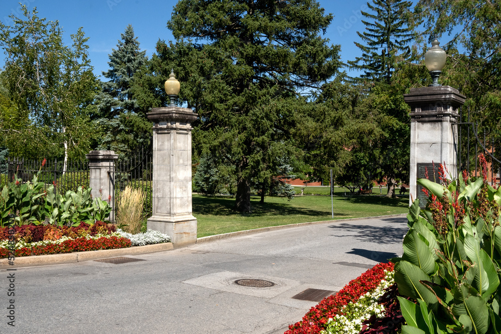 Saratoga Springs, NY - USA - Aug 3, 2022  A horizontal view the grand gated entrance to Congress Park, in the heart of downtown Saratoga Springs.