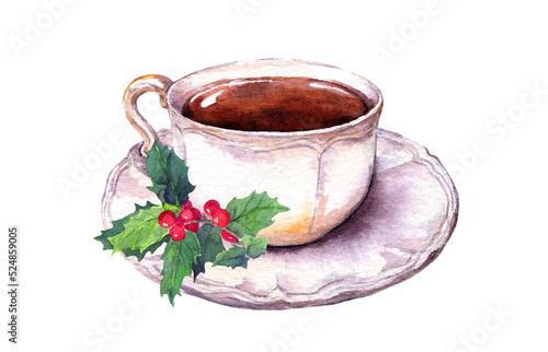 Tea cup and saucer with christmas mistletoe. Watercolor