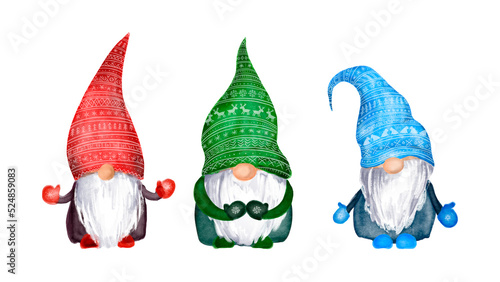 Watercolor christmas gnomes family in hats with scandinavian ornament. Set of nordic magic dwarfs