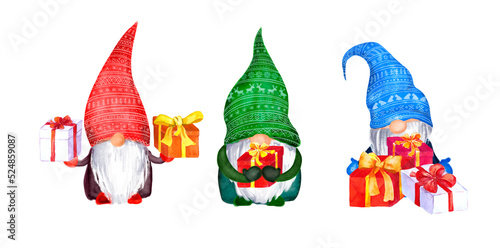 Watercolor christmas gnomes set with present gift boxes. Family of nordic magical dwarfs  photo