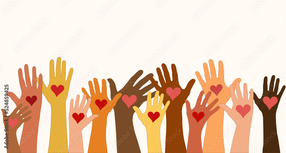 Arms and hands raised. Group of diverse people with heart. Charity donation and volunteer work. Support and assistance. Multicultural and multiethnic community. People diversity Arms and hands raised. Group of diverse people with heart. Charity donation and volunteer work. Support and assistance. Multicultural and multiethnic community. People diversity