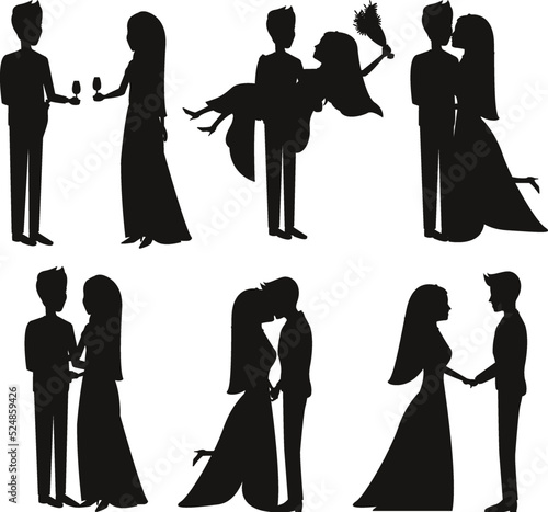 Scenes newly married couple different standing Vector Silhouettes
