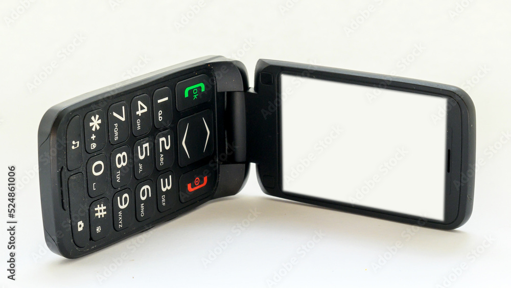 black mobile phone flip with white screen on white background black mobile phone flip with white screen on white background