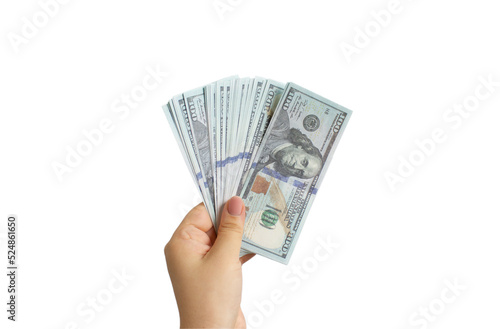 Hand holding dollars cash isolated on white background