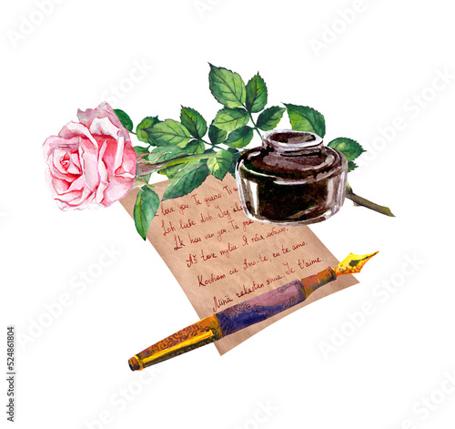 Pink rose flower, vintage pen, ink bottle, old paper with 