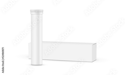 Tube for Effervescent Tablets or Vitamins With Long Packaging Box, Isolated on White Background. Vector Illustration
