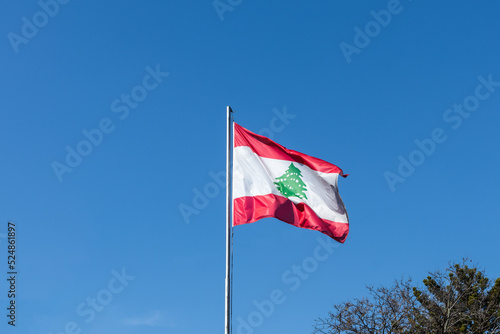 The Lebanese flag waving on a flag pole against the blue sky
