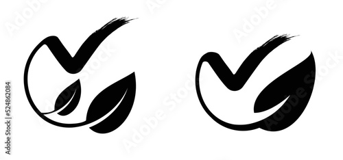 Eco or Nature check. Good, okay icon for food safety concept. Organic vegan 100% with leaves, Bio, eco icon or symbol. Go vegan.