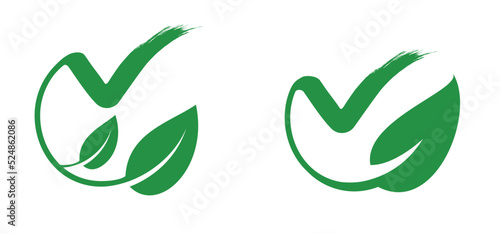 Eco or Nature check. Good, okay icon for food safety concept. Organic vegan 100% with leaves, Bio, eco icon or symbol. Go vegan.
