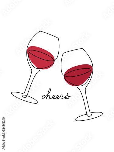Two hand drawn wine glasses with text Cheers. Vector handwritten lettering. One line continuous phrase, quote, slogan. Design for print, banner, wall art, poster, card.