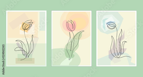 Tulip drawings. Beautiful watercolor tulips in one line style. Floral collection for postcards, posters and wall decoration. Minimalistic continuous line art vector illustration isolated on white back