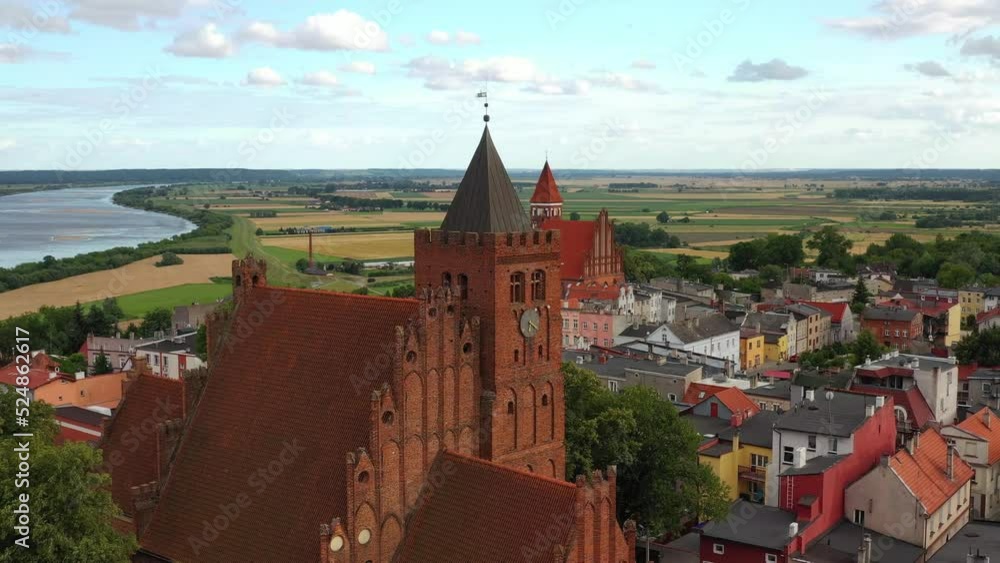 Aerial view of the old town with the Teutonic castle and the church in Nowe by the Vistula river. Poland Aerial view of the old town with the Teutonic castle and the church in Nowe by the Vistula river. Poland