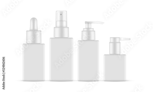 Rectangular Cosmetic Packaging Bottles: Dropper, Pump and Spray. Vector Illustration
