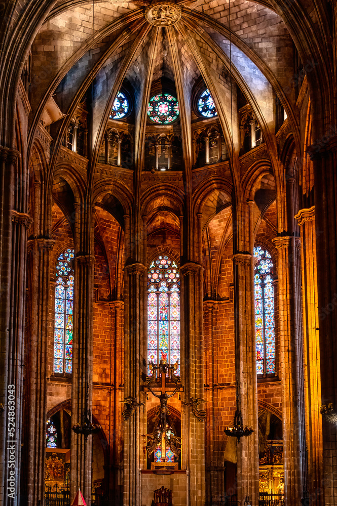 Medieval interior architecture of the Barcelona Cathedral, Spain