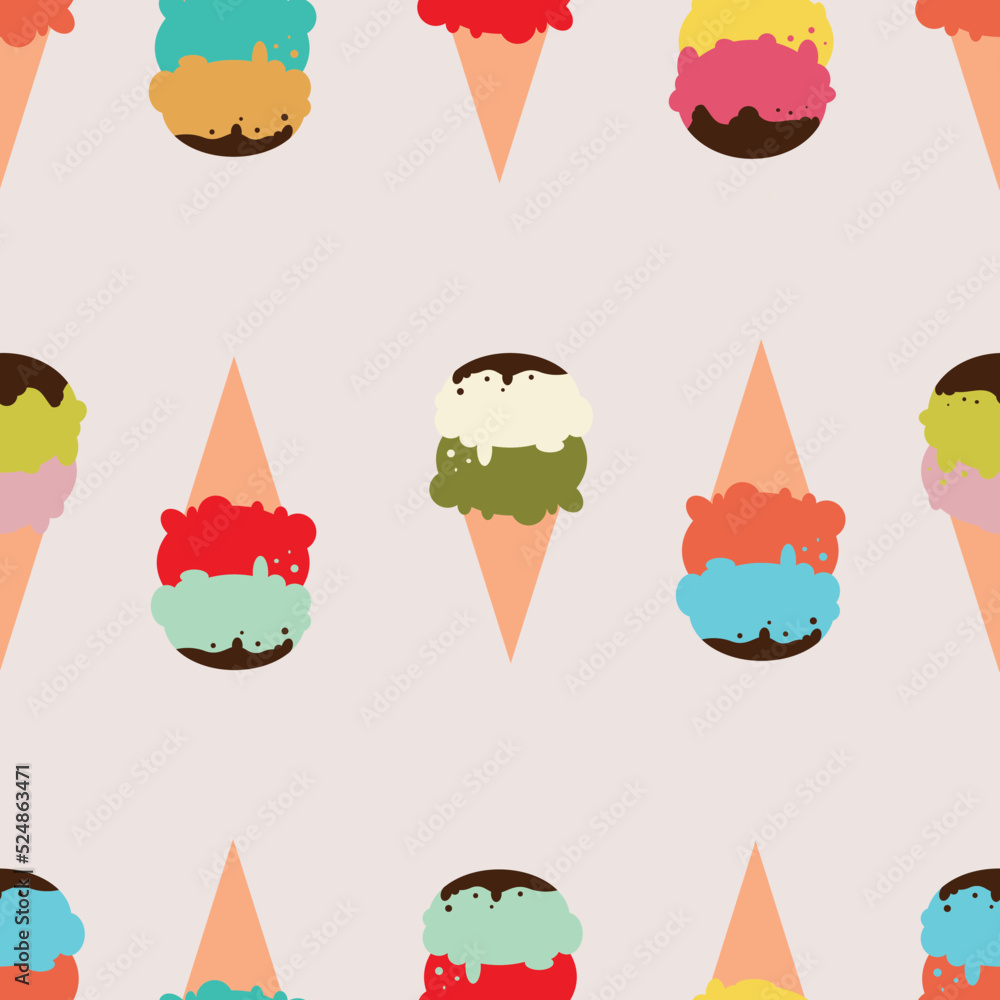 Cartoon colorful Ice Cream Cone flavors. seamless Vector Art with pink background