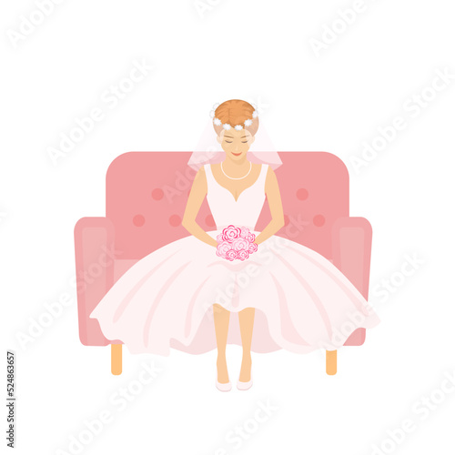 Bride in wedding dress and with bouquet isolated on white background. Vector illustration. Cartoon flat style