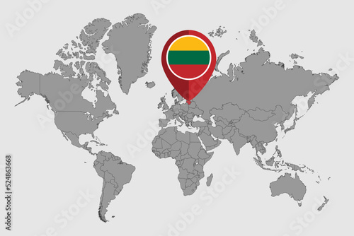 Pin map with Lithuania flag on world map. Vector illustration.