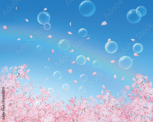 シャボン玉と美しい桜の花びら舞い散る春の爽やか青空に光差し込む虹入りフレーム背景ベクター素材イラスト