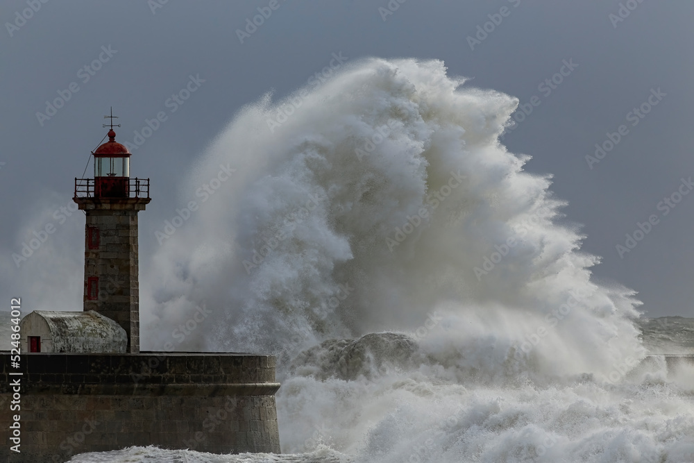 Stormy sea coast breaking waves