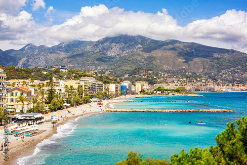 Roquebrune-Cap-Martin. France. 18 of august 2022. Panoramic aerial view of Riviera, Provence, Cote d'Azure coast. Summer, sea time.