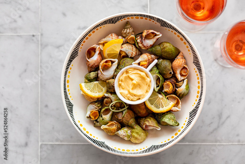 Photos Bulots cuits, cooked waved whelks,  with mayonnaise and rose wine