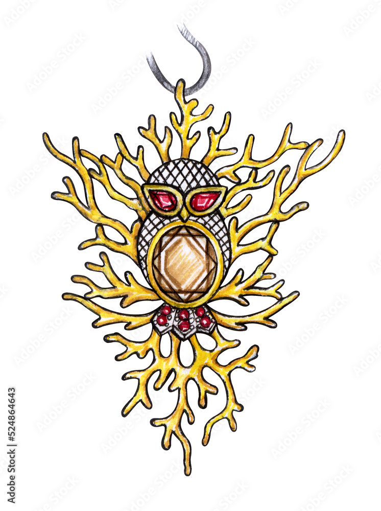 Fototapeta premium Jewelry design fancy art owl pendant.Hand drawing and painting on paper.
