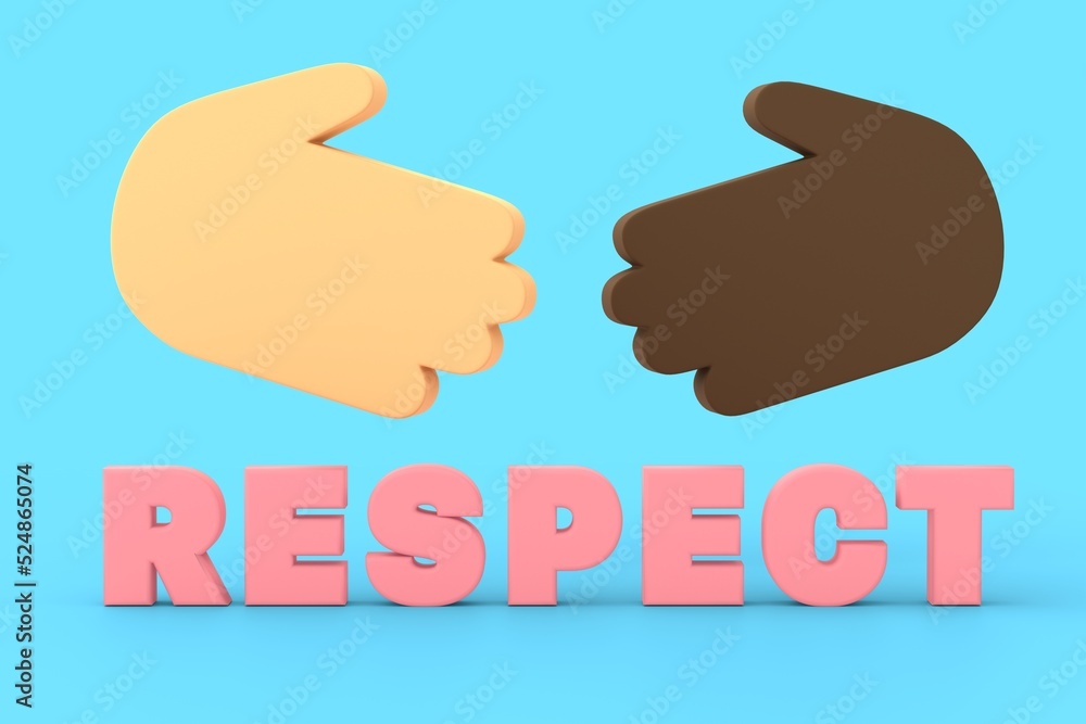 Black and white hand in front of handshake with inscription respect. 3D renderer Black and white hand in front of handshake with inscription respect. 3D renderer