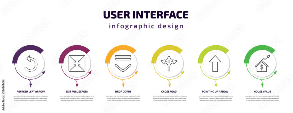 user interface infographic template with icons and 6 step or option. user interface icons such as refresh left arrow, exit full screen arrows, drop down, crossroad, pointing up arrow, house value user interface infographic template with icons and 6 step or option. user interface icons such as refresh left arrow, exit full screen arrows, drop down, crossroad, pointing up arrow, house value