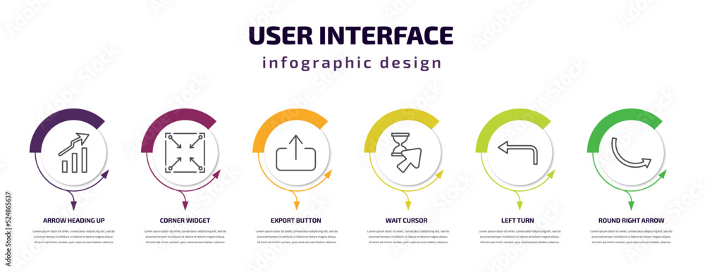 user interface infographic template with icons and 6 step or option. user interface icons such as arrow heading up, corner widget, export button, wait cursor, left turn, round right arrow vector. user interface infographic template with icons and 6 step or option. user interface icons such as arrow heading up, corner widget, export button, wait cursor, left turn, round right arrow vector.