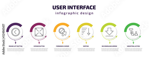 user interface infographic template with icons and 6 step or option. user interface icons such as round left button, expand button, forbidden cursor, sorting, big download arrow, industrial action