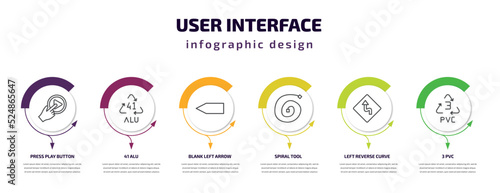 user interface infographic template with icons and 6 step or option. user interface icons such as press play button, 41 alu, blank left arrow, spiral tool, left reverse curve, 3 pvc vector. can be