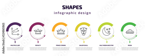 shapes infographic template with icons and 6 step or option. shapes icons such as multiple line, royalty, prince crown, sailor skull, half moon and star, reign vector. can be used for banner, info