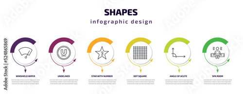 shapes infographic template with icons and 6 step or option. shapes icons such as winshield wiper, undelined, star with number three, dot square, angle of acute, spa room vector. can be used for