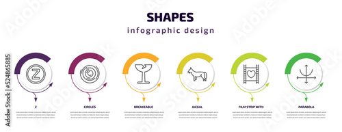 shapes infographic template with icons and 6 step or option. shapes icons such as z, circles, breakeable, jackal, film strip with heart, parabola vector. can be used for banner, info graph, web,