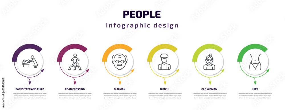 people infographic template with icons and 6 step or option. people icons such as babysitter and child, road crossing, old man, dutch, old woman, hips vector. can be used for banner, info graph,