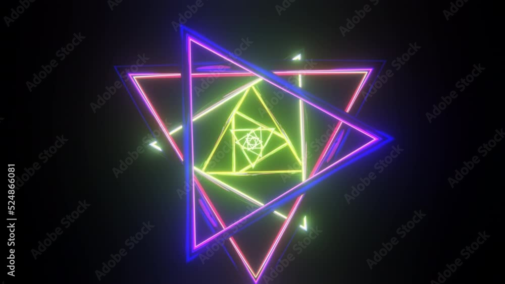 Abstract triangle neon multicolor psychedelic hypnotic VJ seamless loop background. 3D graphics for music stage transition, shows, retro, hitech. Abstract triangle neon multicolor psychedelic hypnotic VJ seamless loop background. 3D graphics for music stage transition, shows, retro, hitech.