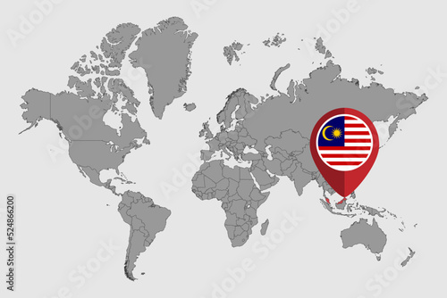 Pin map with Malaysia flag on world map. Vector illustration.
