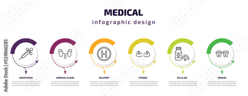 medical infographic template with icons and 6 step or option. medical icons such as anesthesia, adrenal gland, heliport, strong, pills jar, braces vector. can be used for banner, info graph, web,