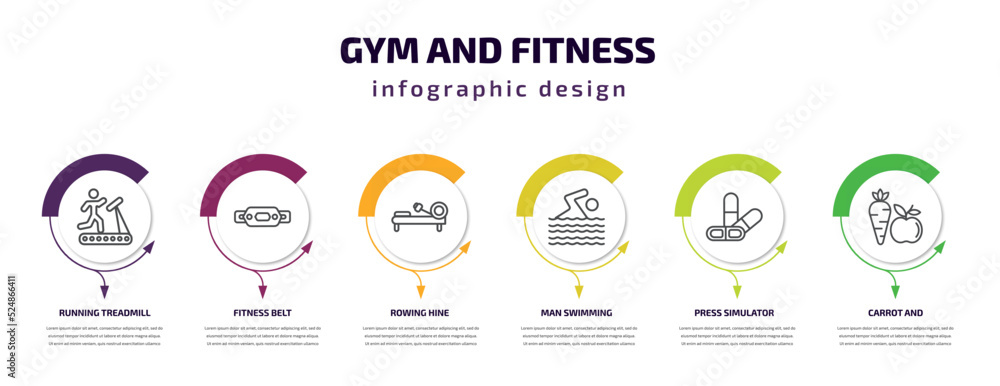 gym and fitness infographic template with icons and 6 step or option. gym and fitness icons such as running treadmill, fitness belt, rowing hine, man swimming, press simulator, carrot vector. can be