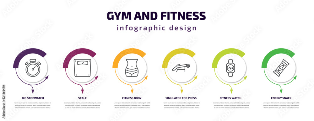 gym and fitness infographic template with icons and 6 step or option. gym and fitness icons such as big stopwatch, scale, fitness body, simulator for press, watch, energy snack vector. can be used gym and fitness infographic template with icons and 6 step or option. gym and fitness icons such as big stopwatch, scale, fitness body, simulator for press, watch, energy snack vector. can be used