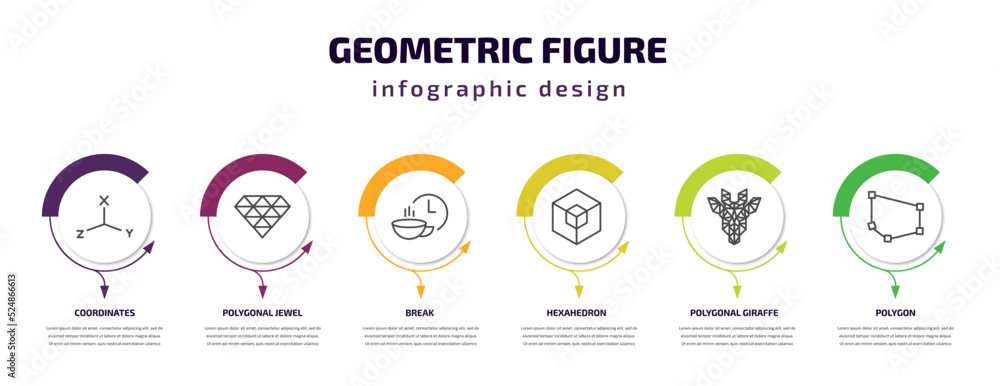 geometric figure infographic template with icons and 6 step or option. geometric figure icons such as coordinates, polygonal jewel, break, hexahedron, polygonal giraffe, polygon vector. can be used geometric figure infographic template with icons and 6 step or option. geometric figure icons such as coordinates, polygonal jewel, break, hexahedron, polygonal giraffe, polygon vector. can be used