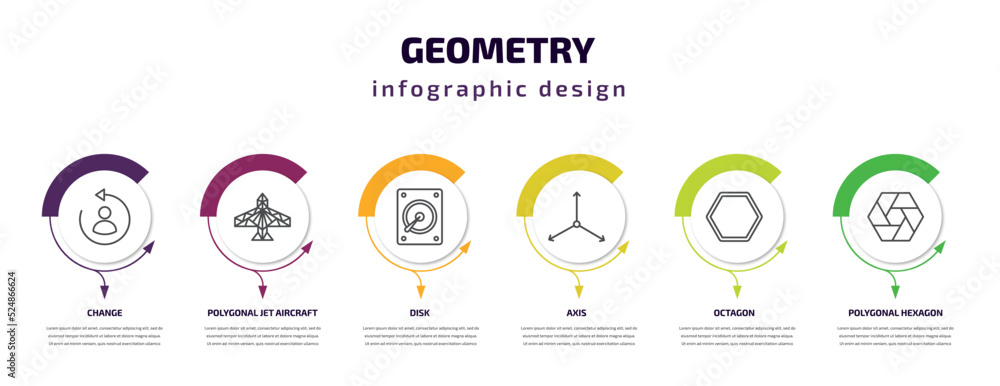 geometry infographic template with icons and 6 step or option. geometry icons such as change, polygonal jet aircraft, disk, axis, octagon, polygonal hexagon vector. can be used for banner, info geometry infographic template with icons and 6 step or option. geometry icons such as change, polygonal jet aircraft, disk, axis, octagon, polygonal hexagon vector. can be used for banner, info