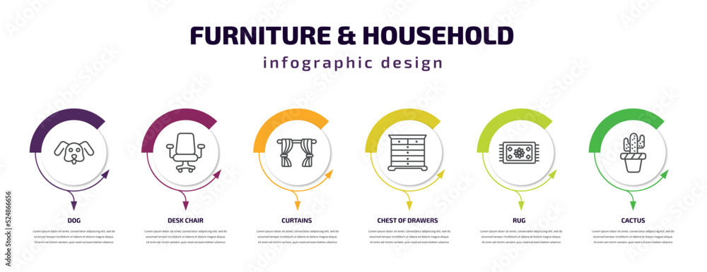 furniture & household infographic template with icons and 6 step or option. furniture & household icons such as dog, desk chair, curtains, chest of drawers, rug, cactus vector. can be used for