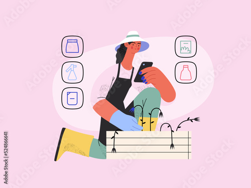 Shop now - Online shopping and electronic commerce series - modern flat vector concept illustration of a woman gardening and shopping online. Promotion, discounts, sale and online orders concept